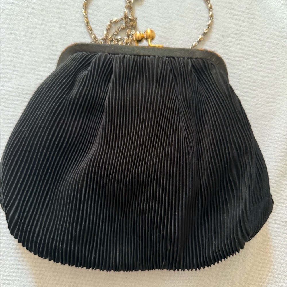 Vanessa Elegant Black Pleated Clutch with Chain 9” x 7.5” - Picture 3 of 6